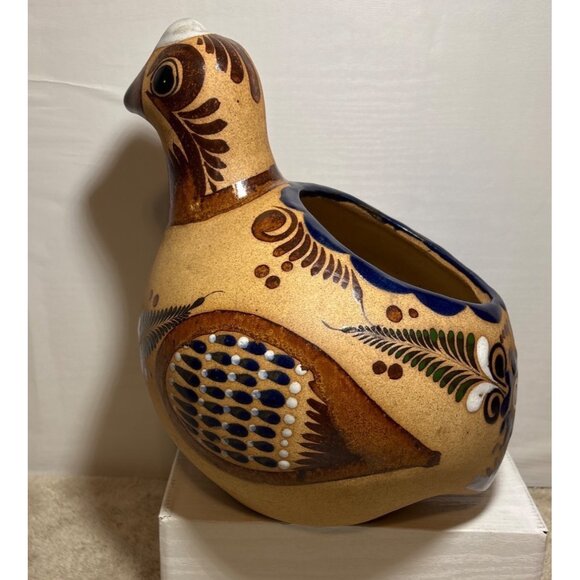 Mexican Folk Art Clay Bird Quail Peacock Planter Tonala Style Large 11" Tall - Picture 2 of 16